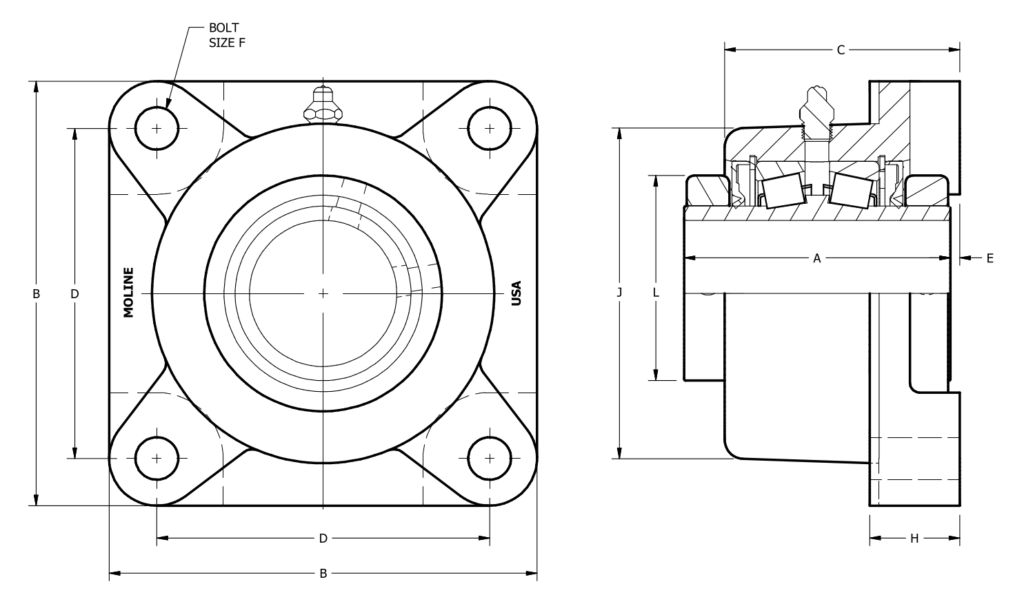 Type E 4-Bolt Flange dimensional drawing
