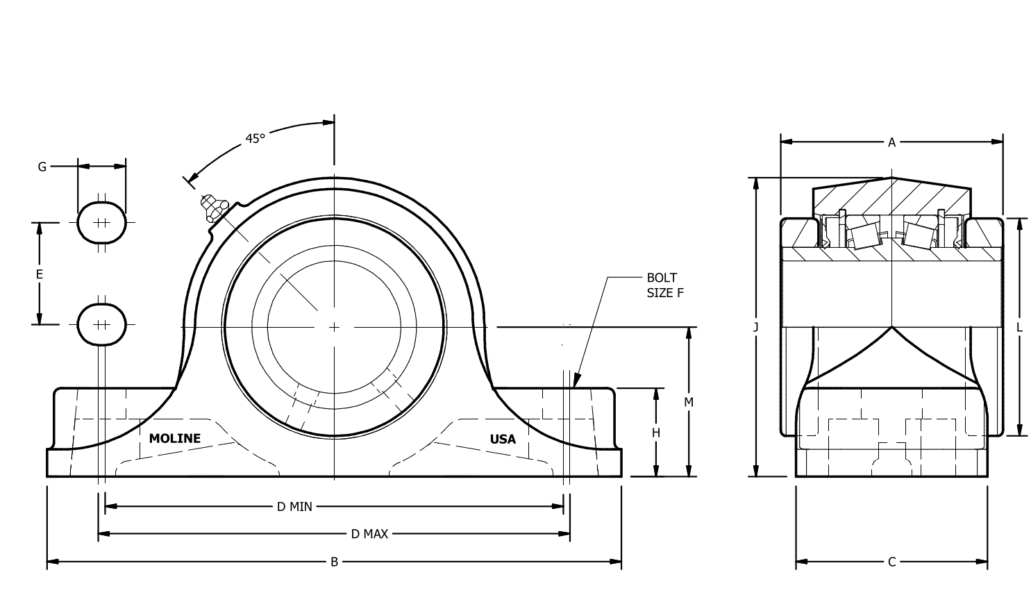 Type E 4-Bolt Pillow Block dimensional drawing