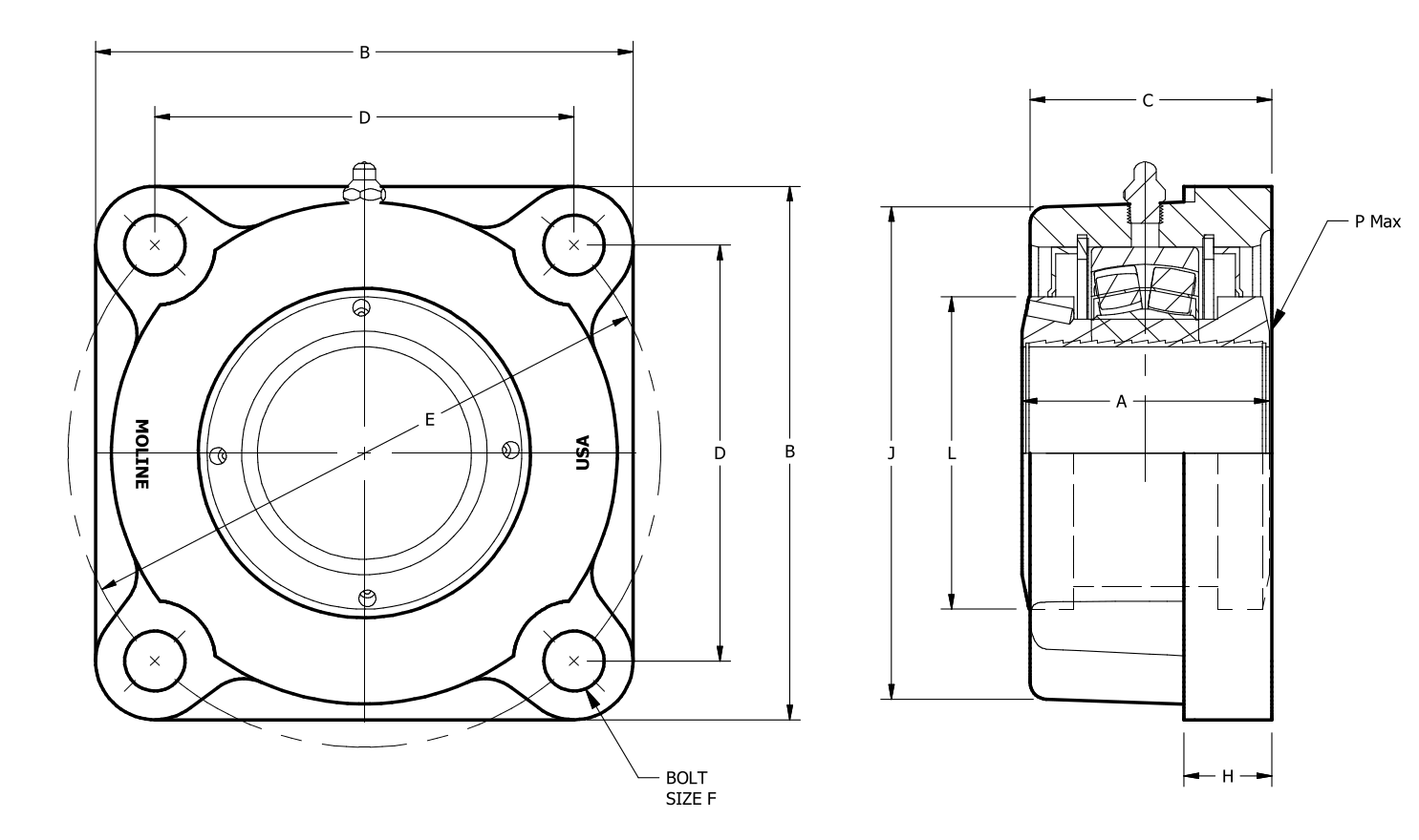 M3000 4-Bolt Flange dimensional drawing