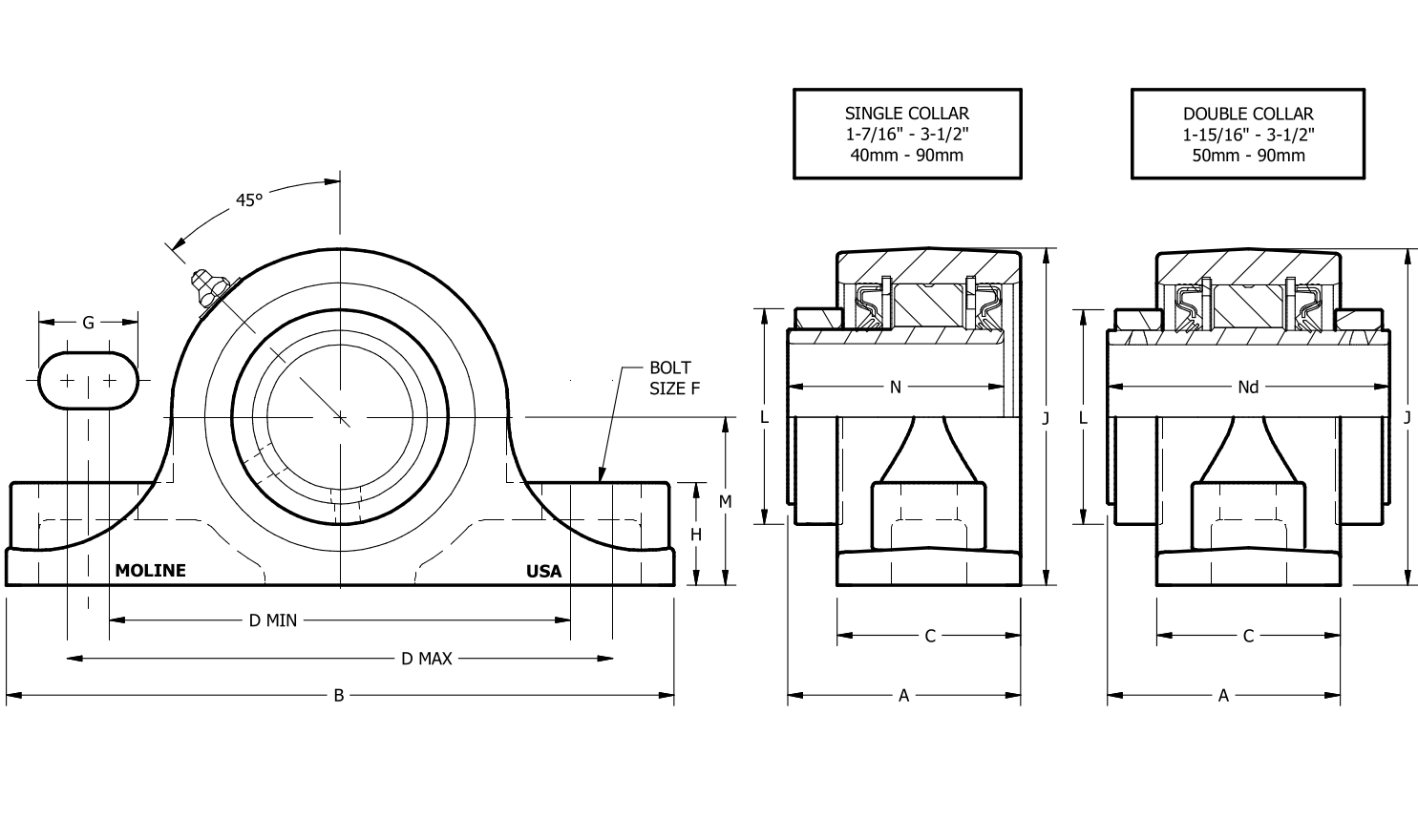 ME2000 2-Bolt Pillow Block dimensional drawing