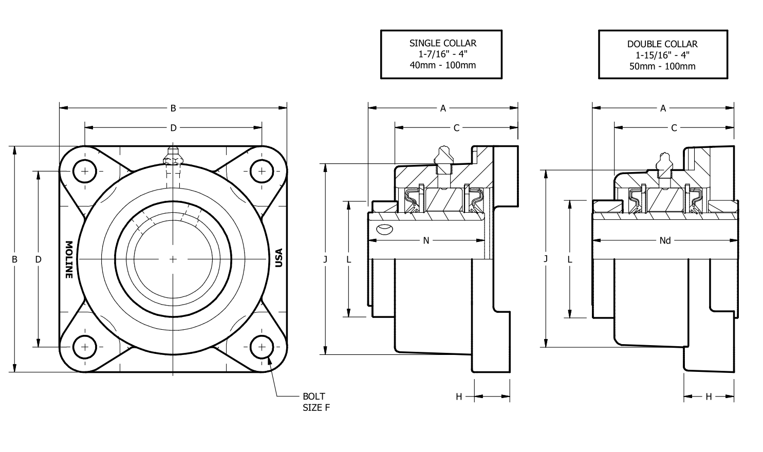 ME2000 4-Bolt Flange dimensional drawing