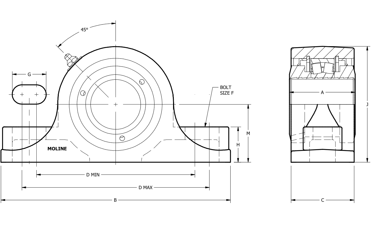 ME3000 2-Bolt Pillow Block dimensional drawing