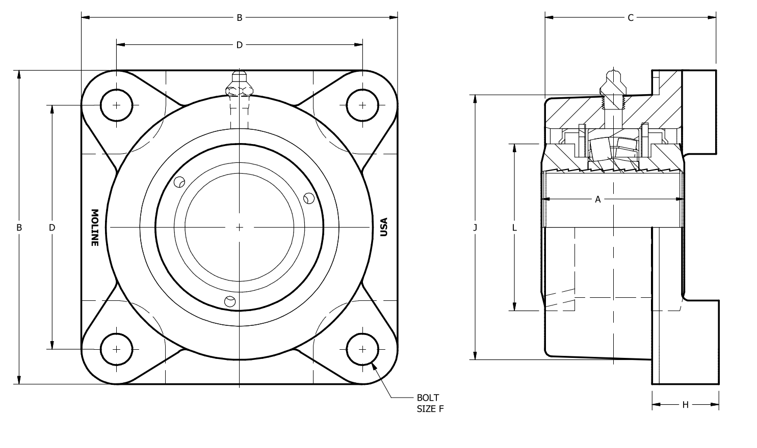 ME3000 4-Bolt Flange dimensional drawing