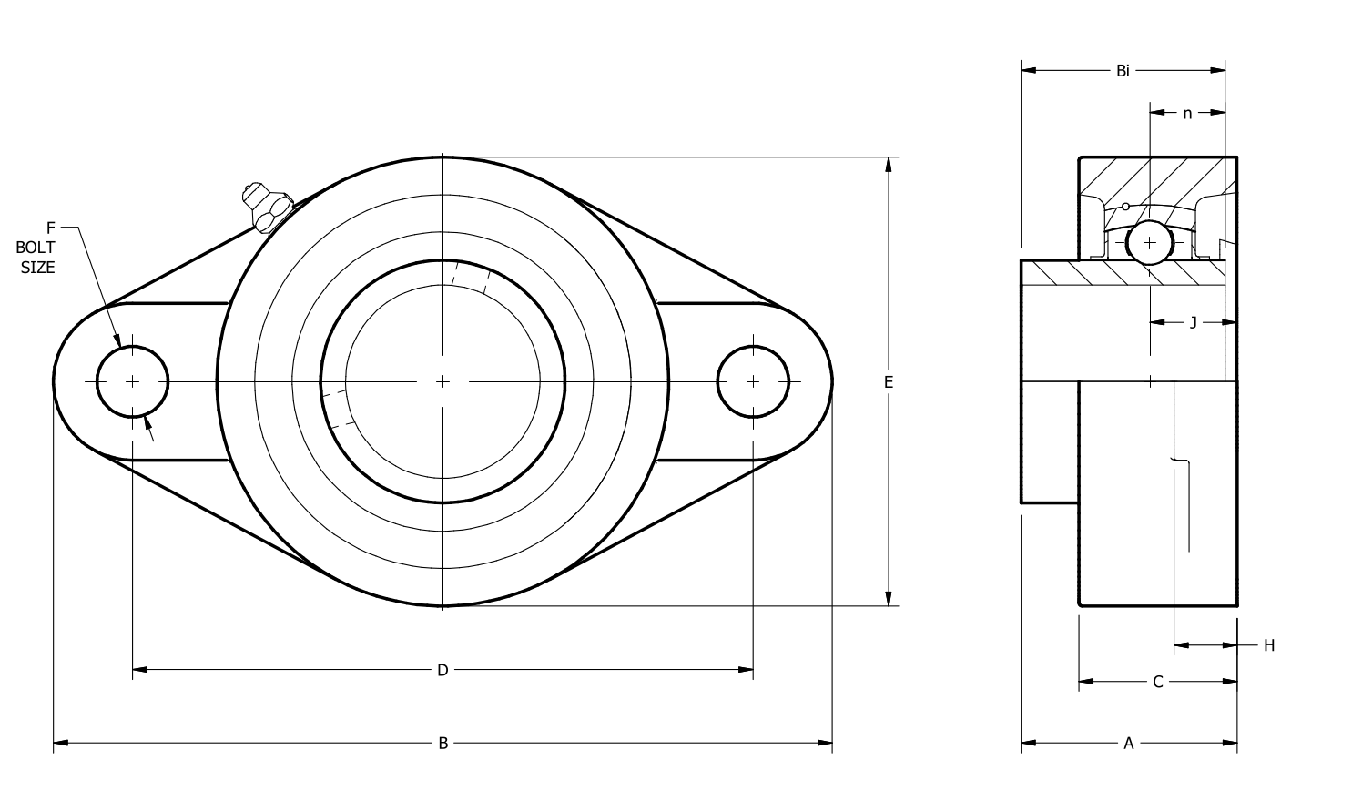 Medium Duty UCX 2-Bolt Flange dimensional drawing