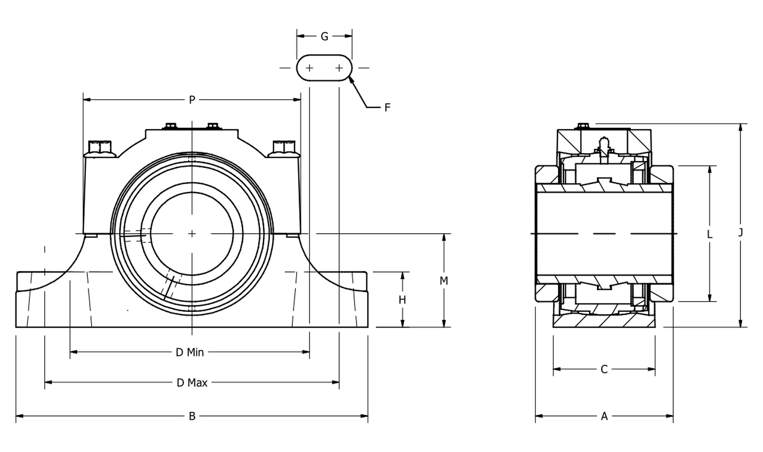 Split E1000 2-Bolt Pillow Block dimensional drawing