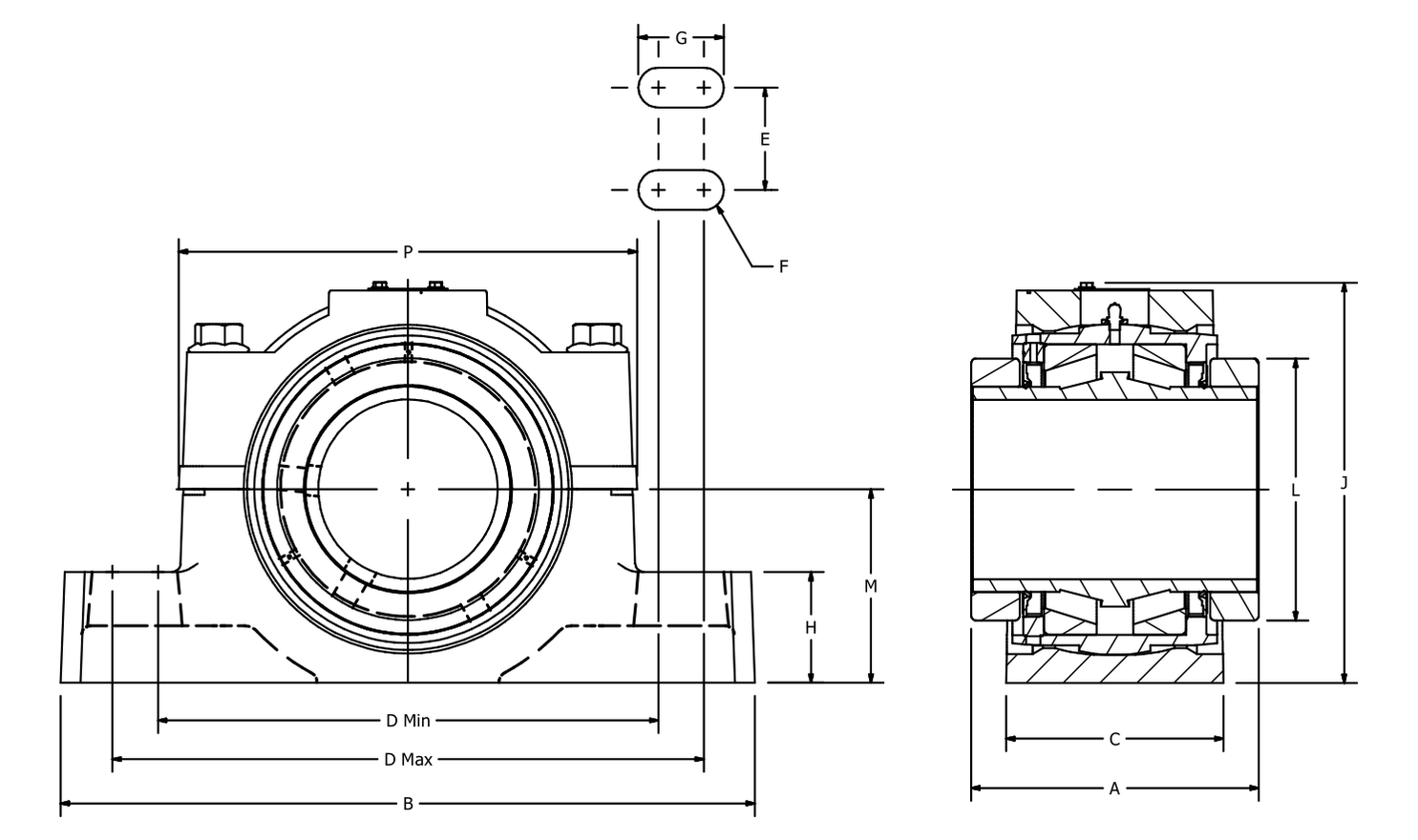Split E1000 4-Bolt Pillow Block dimensional drawing